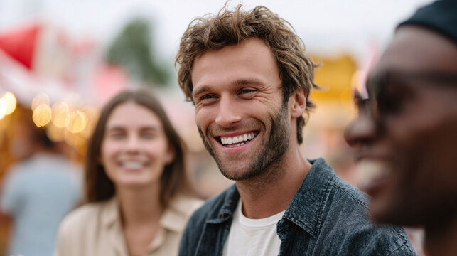 Smiling man surrounded by friends at an outdoor event. Captures joy, connection, and casual style. Perfect for lifestyle, friendship, and social gathering themes.