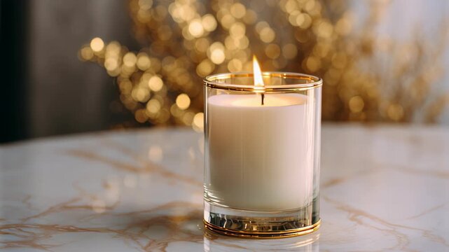 white candle in glass holder on marble table, golden flame glowing, luxury minimal festive vibe