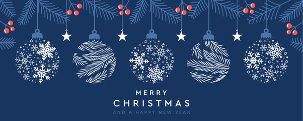 merry christmas card with hanging ball decoration vector illustration