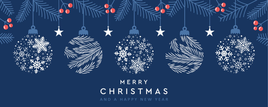 merry christmas card with hanging ball decoration vector illustration