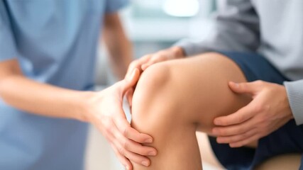 Physiotherapist examining knee joint during therapy defocused clinic, faceless rehabilitation session, orthopedic visualization detail, blurred modern background, treatment concept - Powered by Adobe