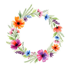 Obraz premium Watercolor floral wreath vibrant flowers delicate artistic design isolated on transparent background