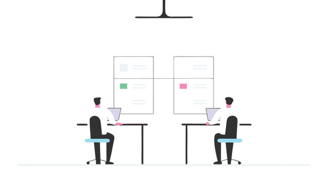 Flat vector illustration of diverse engineers collaborating and managing a bright layered project with blueprints and technology symbolizing teamwork and innovation in a modern workplace
