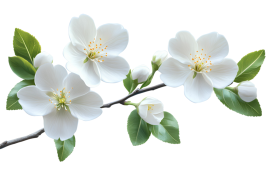 White apple blossom flowers bloom on branch with green leaves isolated on transparent background
