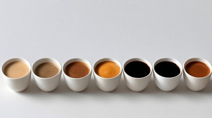 A row of white bowls with different colored liquids in them. The bowls are lined up next to each other, with the first bowl on the left and the last on the right