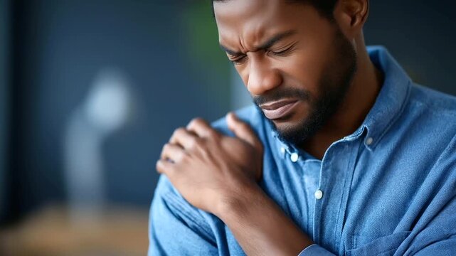 Black man holding shoulder expressing pain defocused background, faceless discomfort moment, injury visualization detail, blurred setting, health concept, medical interface, physic - Powered by Adobe