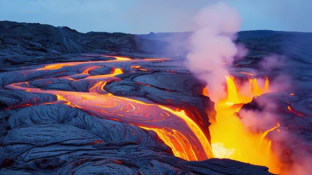 Lava Flow From Volcanic Fissure at Night