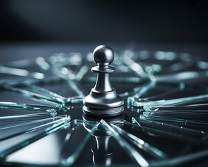 Chess Pawn on Shattered Glass Reflecting Concept of Strategy Risk and Resilience with Dramatic Lighting and Dark Background