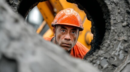 A man in an orange shirt and a hard hat is looking into a hole. The man is a construction worker
