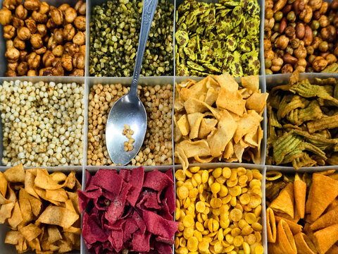 Indian traditional Namkeen Food Navratan Mixture or Navratna Mix Namkeen, Nimco, Namkin, Mixture