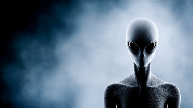 A large alien with a big head and a small body stands in front of a dark background. The alien has a menacing look on its face, and the image gives off a feeling of fear and unease