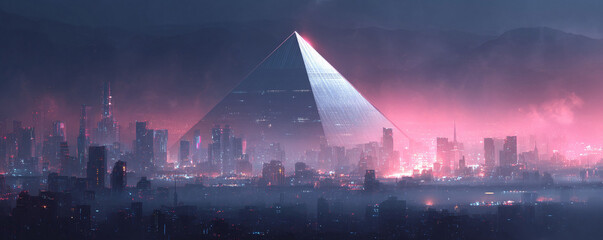 Futuristic cityscape dominated by a luminous pyramid structure. Hazy pink atmosphere, modern architecture, and urban landscape. Ideal for scifi, technology, or concept art.