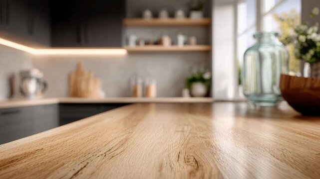 Wooden counter in modern white kitchen close up, copy space or display for product,