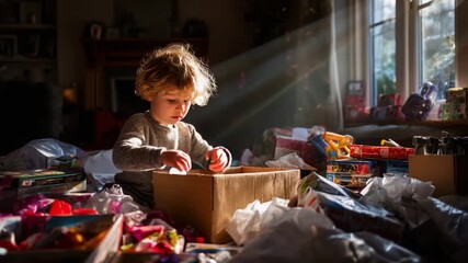Captivated by Surprises: A Young Child's Delightful Discovery Amidst a Colorful Mountain of Gifts and Wrapping Paper Illuminated by Gentle Rays of Morning Light