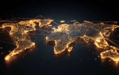 A digital map of the world illuminated with golden lights, representing global connectivity and technology.