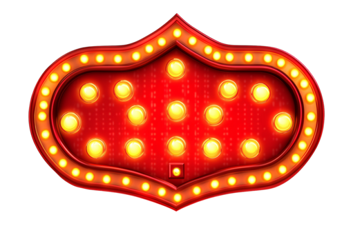 Vibrant Red Marquee Sign with Glowing Yellow Bulbs on Transparent Background Ready for Your Text