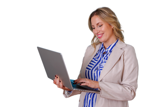 Professional woman smiling, using a laptop, representing business communication, remote work, technology, and success with transparent background