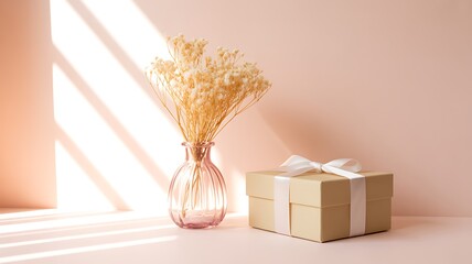 Elegant composition featuring a gift box with ribbon dried flowers in a decorative vase natural light and soft shadows on a pink background