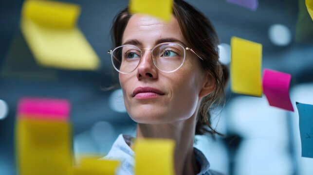 Focused Young Woman Wearing Glasses Surrounded by Colorful Sticky Notes in Office Creative Workspace