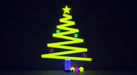 Blacklight Reactive Glow Decorations, Neon Christmas Tree Design. Fluorescent yellow UV tape forming Christmas tree shape on black wall. Battery-powered UV light and ornaments at the base. 