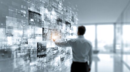 A person interacts with a digital interface displaying numerous data visuals in a modern workspace.