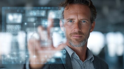 A focused man interacts with a digital interface, showcasing advanced technology and innovation in a modern environment.