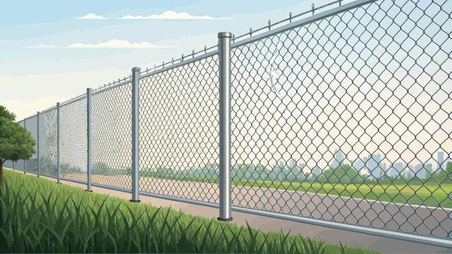A chain link fence against a cityscape background
