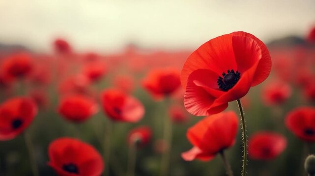 Field of red poppies against a blue sky, perfect for nature and spring themed projects