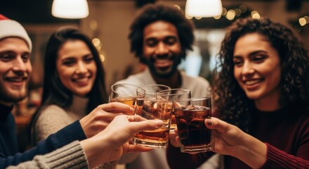 Group of friends toasting with drinks in cozy room — ideal for Christmas, holiday and celebration content.
