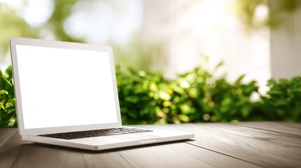 A modern laptop sits on a wooden table, surrounded by lush greenery, offering a serene workspace with a blank screen ready for creativity.