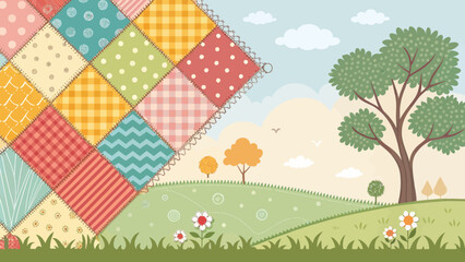 A colorful patchwork quilt design in a bright outdoor scene