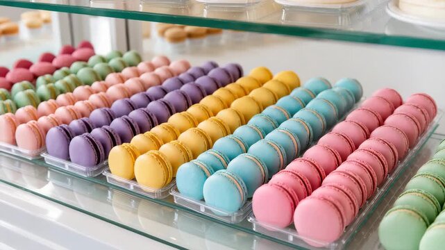 Assortment of pastel-colored macarons arranged in plastic trays inside a glass bakery showcase. A vibrant and sweet display of delicate French treats. Bright and tempting.