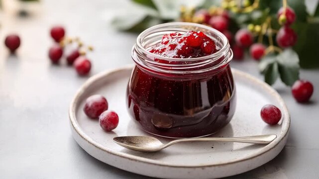 Cranberry jam in a clear jar placed on a handmade ceramic plate with a spoon, surrounded by fresh berries. Glossy and vibrant preserve. Rustic and cozy food scene.