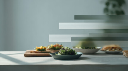 artistic food diary with augmented reality notes featuring blurred white text bars that evoke emotion