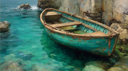 Obraz premium Weathered Wooden Boat in Turquoise Waters by Stone Wall