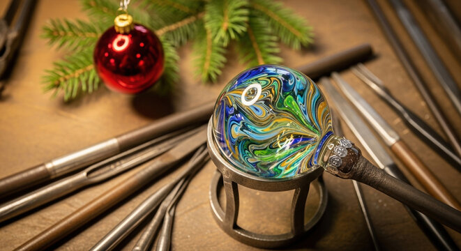 Glass Blowing Christmas Bauble Creation, Colorful Swirls, Tools. Half-finished glass bauble in metal cradle with tools around it. Small pine branch and finished red ornament in background.