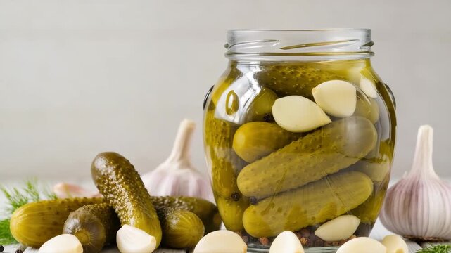 Close-up of a jar containing pickled cucumbers, whole garlic cloves, and black pepper in clear brine. Some pickles and garlic are placed outside. Classic preserved food.