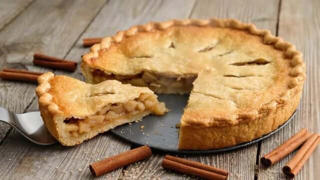 Freshly baked apple pie with a flaky crust, filled with spiced apple chunks and cinnamon. One slice is cut and ready to serve. Warm, sweet, and comforting dessert food.