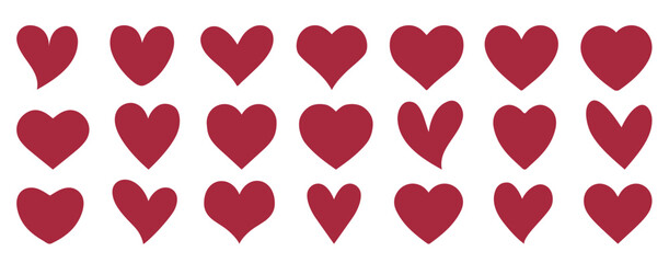Set of hearts in red color, heart icons set vector, set of hearts different shapes for design. Heart collection. Vector art. Heart, love, romance hearts. Vector icons. Heart love symbol red