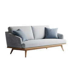 Obraz premium Modern two-seater sofa, wooden frame, light blue accent pillows. isolated on transparent background
