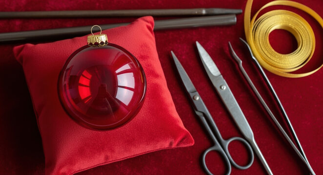 Glass blowing christmas bauble creation, red cushion, tools, festive. A single ruby red blown glass ornament on velvet cushion. Artisan tools and gold ribbon arranged beside it.
