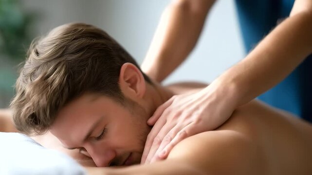 Masseur performing back massage on client defocused therapy, faceless physiotherapist treatment, deep tissue visualization detail, blurred wellness background, relaxation concept,