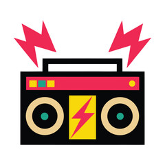 Retro boombox with lightning bolts on white background. 