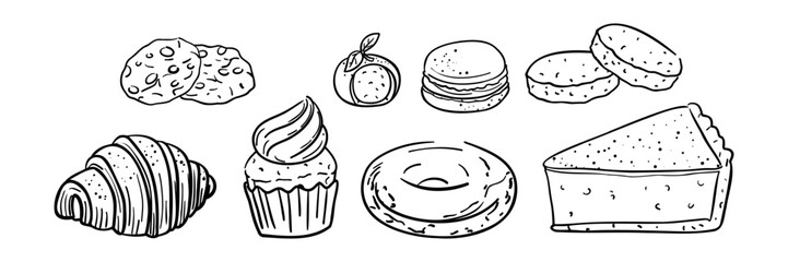 set of popular bakery products, desserts. Cookies, croissants, muffins, donuts, and slices of pie or cake. Contoured monochrome pastries for creating bakery's brand identity, menu design, cafe-style