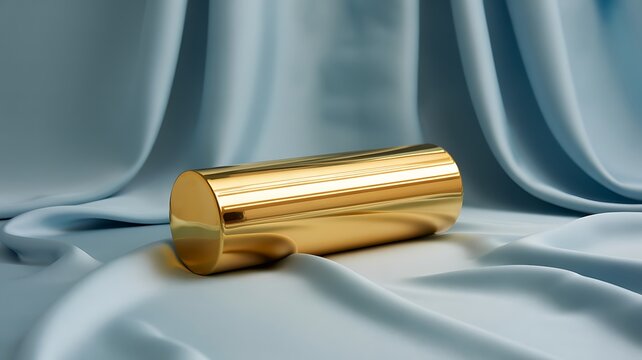 Elegant golden cylindrical object presented on soft light blue fabric with flowing folds creating a luxurious and sophisticated aesthetic appeal