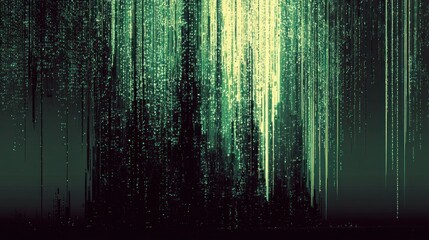 A digital artwork featuring vertical green lines with a matrix-like aesthetic, creating a futuristic and abstract atmosphere.