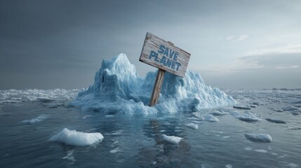 An iceberg in water displays a wooden sign reading "Save Planet," highlighting environmental concerns and climate change awareness.