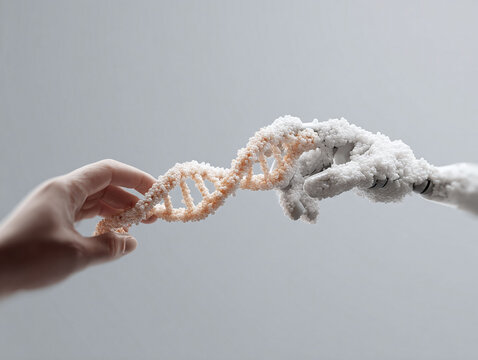 Human hand meets robotic hand holding DNA, a conceptual metaphor for biotechnology. Use for science, innovation, future tech, medicine, and genetics themes.