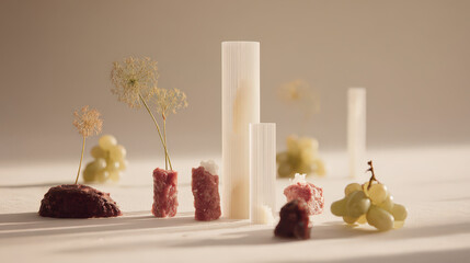 artistic food diary with augmented reality notes featuring blurred white text bars that evoke emotion