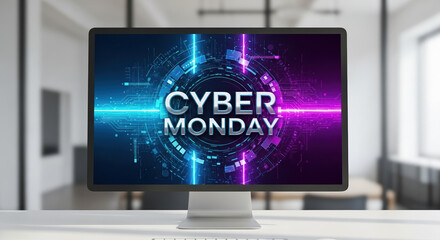 Cyber Monday deal on computer screen with a special offer for online shoppers looking for tech deals. Cyber Monday presents eye-catching display, marking significant sales event.